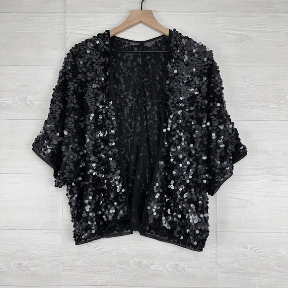 ASOS Sequin Top Jacket Women Size 2 Disc Embellished Black Short Sleeve Party - Picture 15 of 16